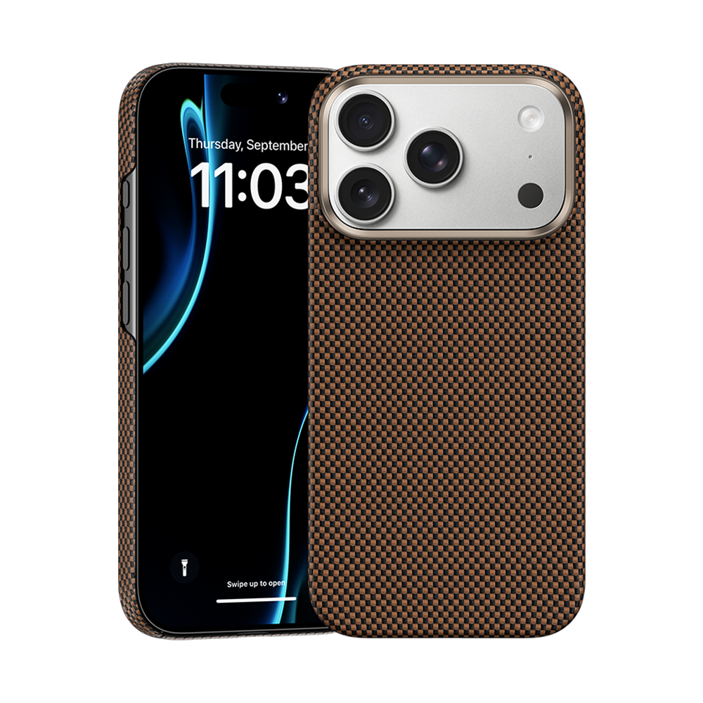 Kevlar® Fiber iPhone 17 Pro Max case, front view highlighting the smooth surface and robust protection.