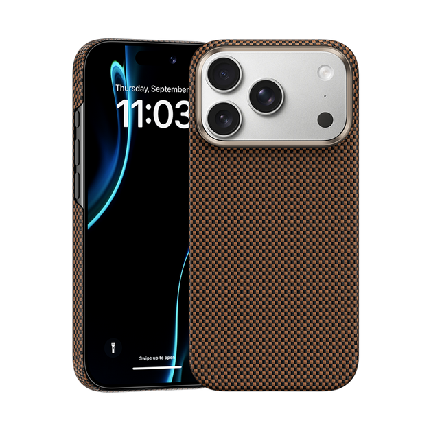 Kevlar® Fiber iPhone 17 Pro Max case, front view highlighting the smooth surface and robust protection.