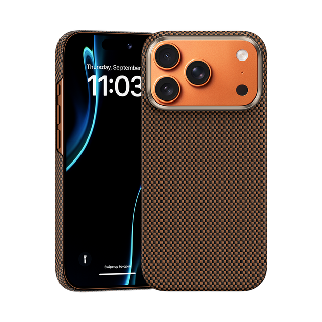Front view of Kevlar® iPhone 17 Pro Max case with sleek design, featuring lightweight durability and precise cutouts.
