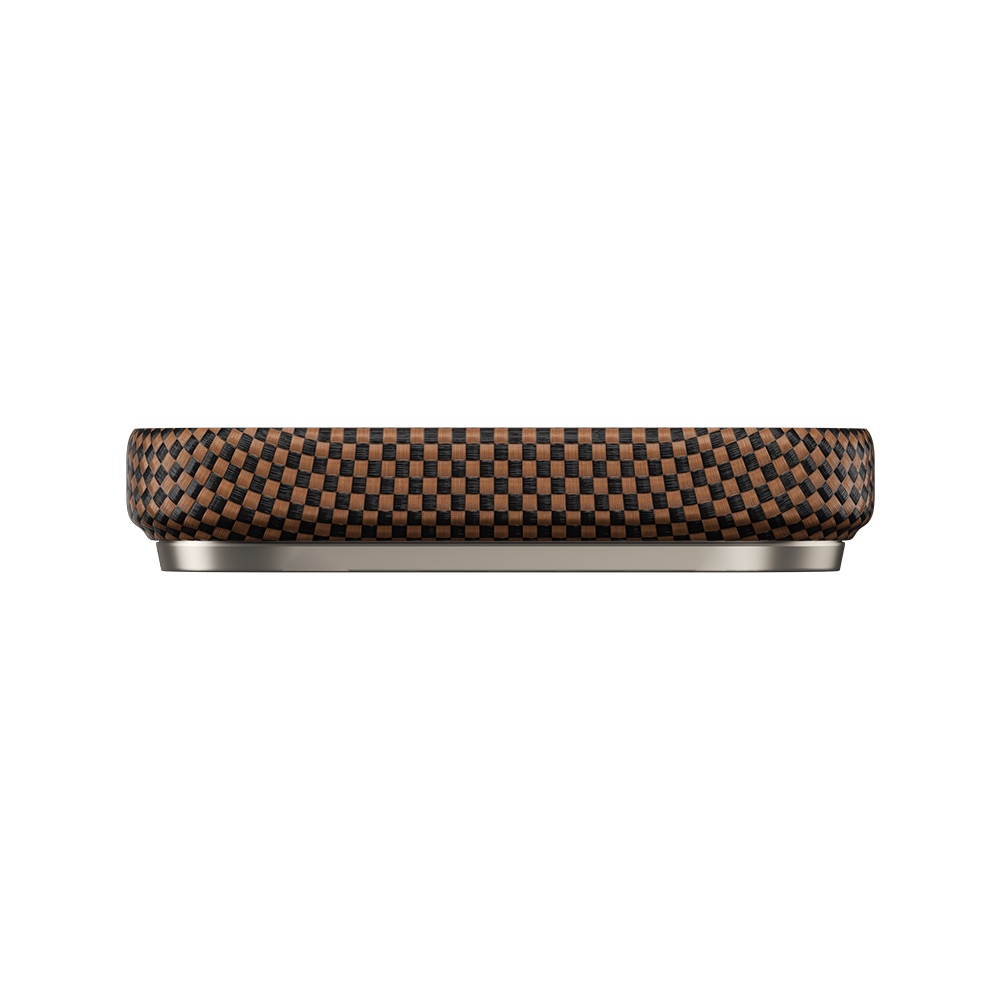 Bottom view of gold ArmorTint Kevlar® Fiber Case for iPhone 17 Pro Max with accurate cutouts and slim protective frame.