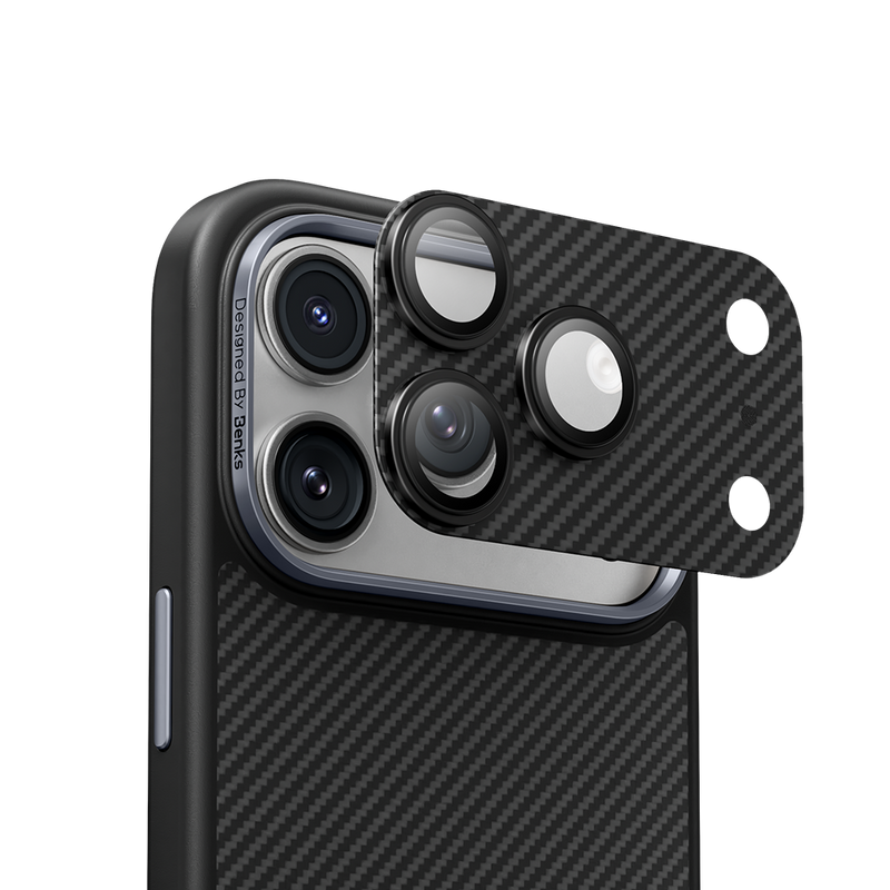 ArmorWarrior aramid fiber lens protector installed on iPhone 17 Pro Max camera module