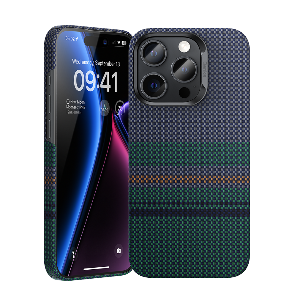 Aurora ArmorAir Case for iPhone 14 Pro Max with Kevlar®: Arctic night sky design featuring streaks of green, blue, and gold.
