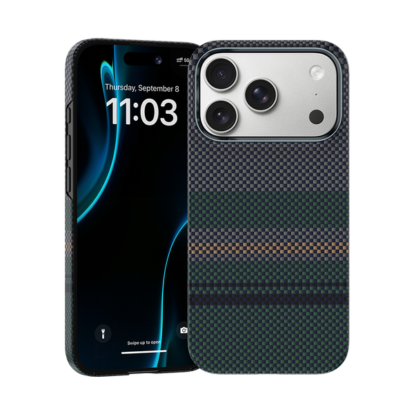 Front view of Kevlar® iPhone 17 Pro Max case with sleek design, featuring lightweight durability and precise cutouts.