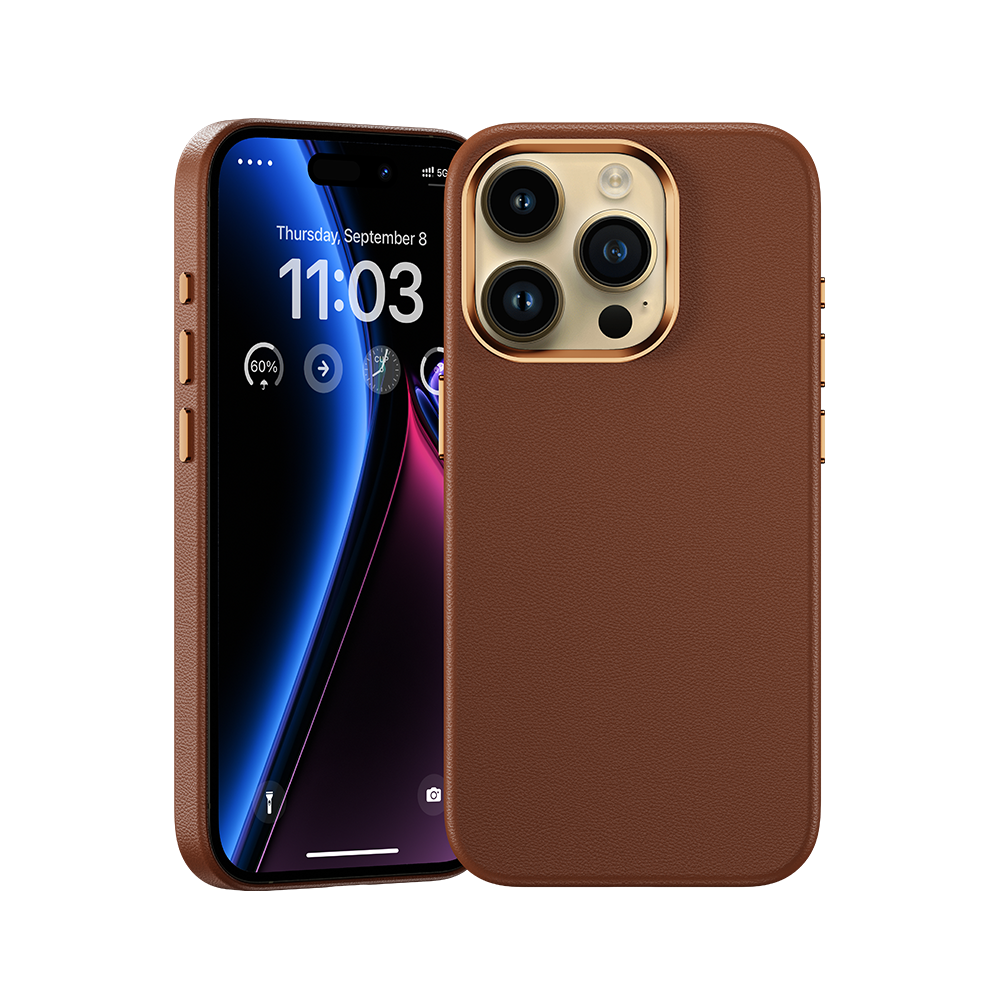 Vintage Leather Case for iPhone 15 Pro Max, showcasing rich texture and elegant stitching details, with precise cutouts for camera and ports