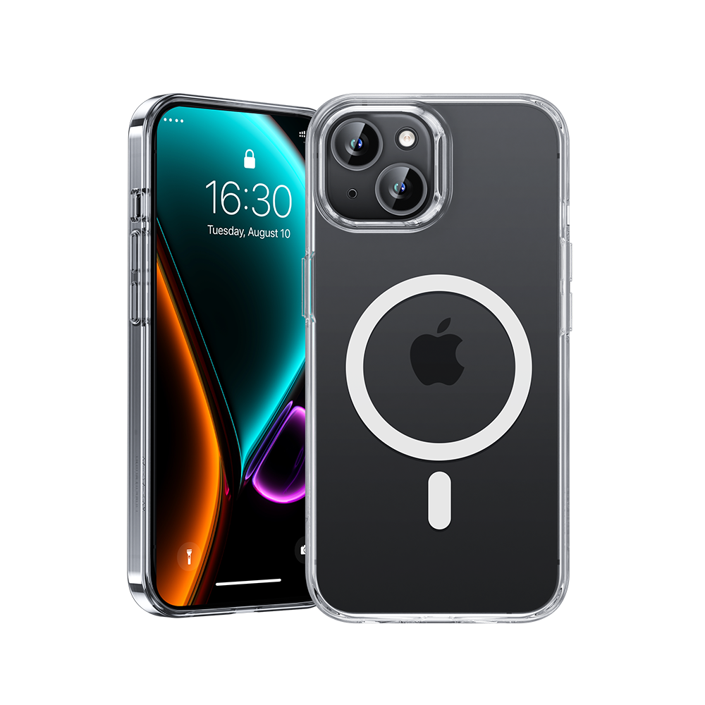 MagClap Crystal Phone Case for iPhone 15 Plus, offering superior protection and impact absorption, compatible with wireless charging and MagSafe, featuring a sleek design that highlights the phone's beauty.