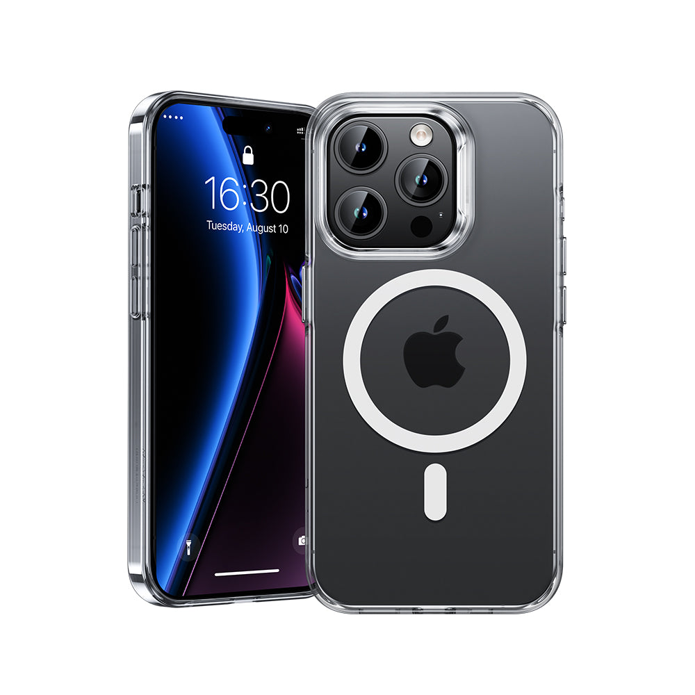 MagClap Crystal Phone Case for iPhone 15 Pro, offering robust protection and impact absorption, with wireless charging and MagSafe compatibility, in a sleek design that preserves the phone's beauty.