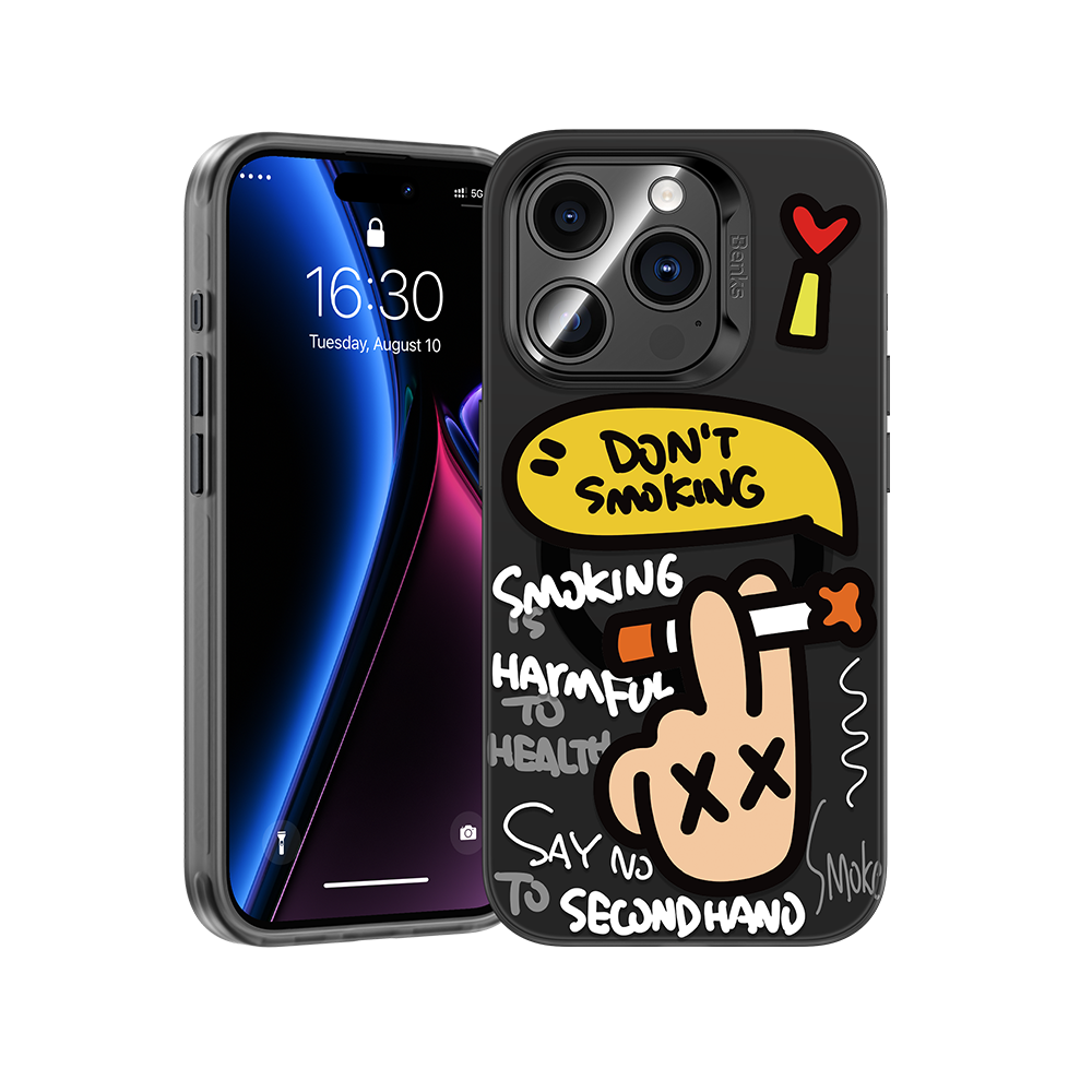 Benks' No Smoking case for iPhone 15 Pro, featuring a sleek and stylish design, MagSafe compatibility, supports wireless charging, and includes a responsive clicky metal button for enhanced functionality.