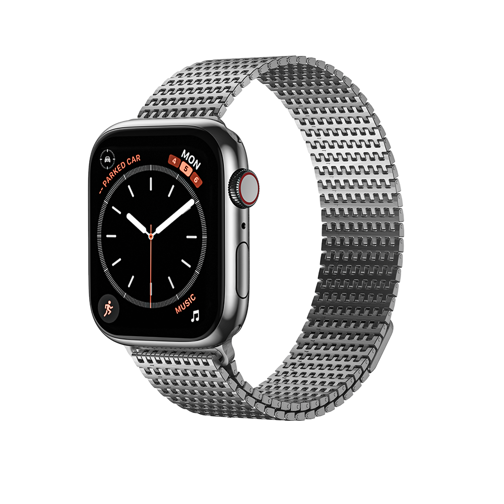 A sleek and elegant Apple Watch with a Domino magnetic metal watch band, featuring a robust metal construction and minimalist design, enhancing the overall sophistication of the timepiece.