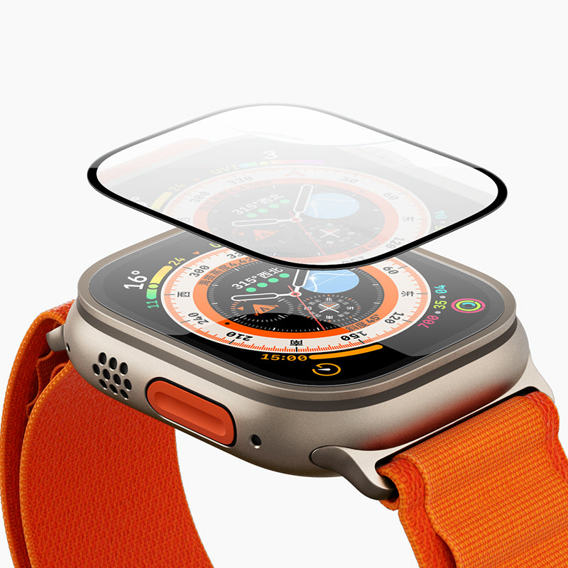 GlassWarrior Screen Protector for Apple Watch Ultra - Apple Watch Ultra featuring the GlassWarrior screen protector, providing edge-to-edge protection, maximum touch sensitivity, and HD clarity. This Apple Watch screen protector offers ultimate scratch and shatter protection, seamless coverage, and a smooth hand sensation, ensuring an unfiltered view of your screen.