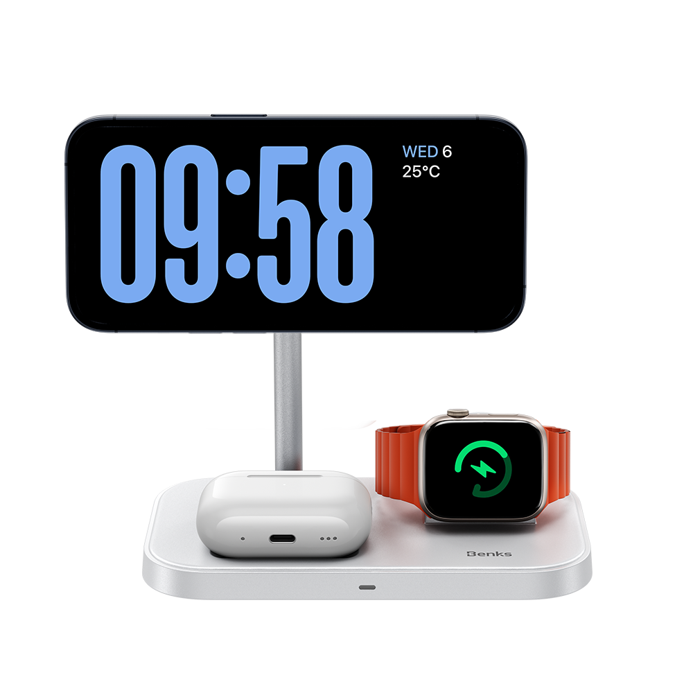 Benks Infinity 3-in-1 Charger actively charging multiple devices, illustrating its fast charging capabilities for a phone, AirPods, and Apple Watch simultaneously.
