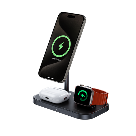 User adjusting the Benks Infinity Charger Stand to charge an iPhone at a 7.5W fast charge rate, set up in a well-lit home office environment.