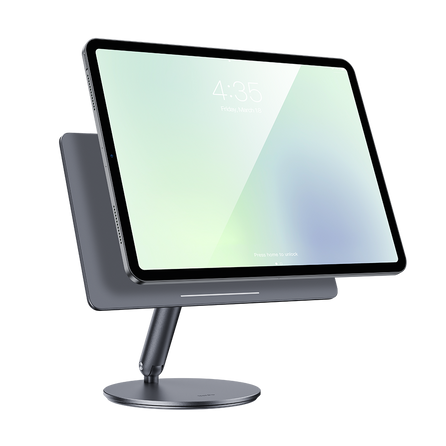 Infinity Pro Magnetic iPad Stand by Benks: A sleek aluminum stand with a strong magnetic mount for quick iPad attachment, featuring 360-degree rotation for easy screen sharing.