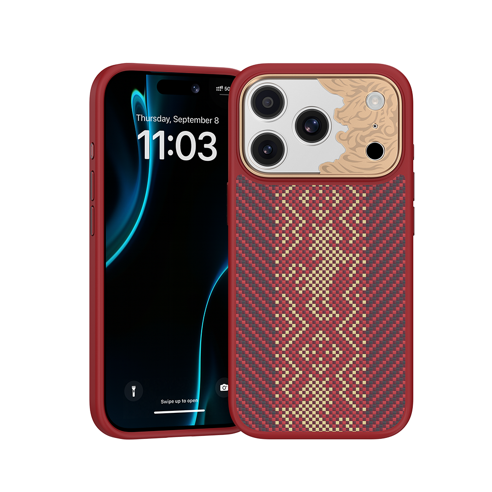 Knight ArmorPro red Kevlar case iPhone 17 Pro showing cross-stitch embroidery texture