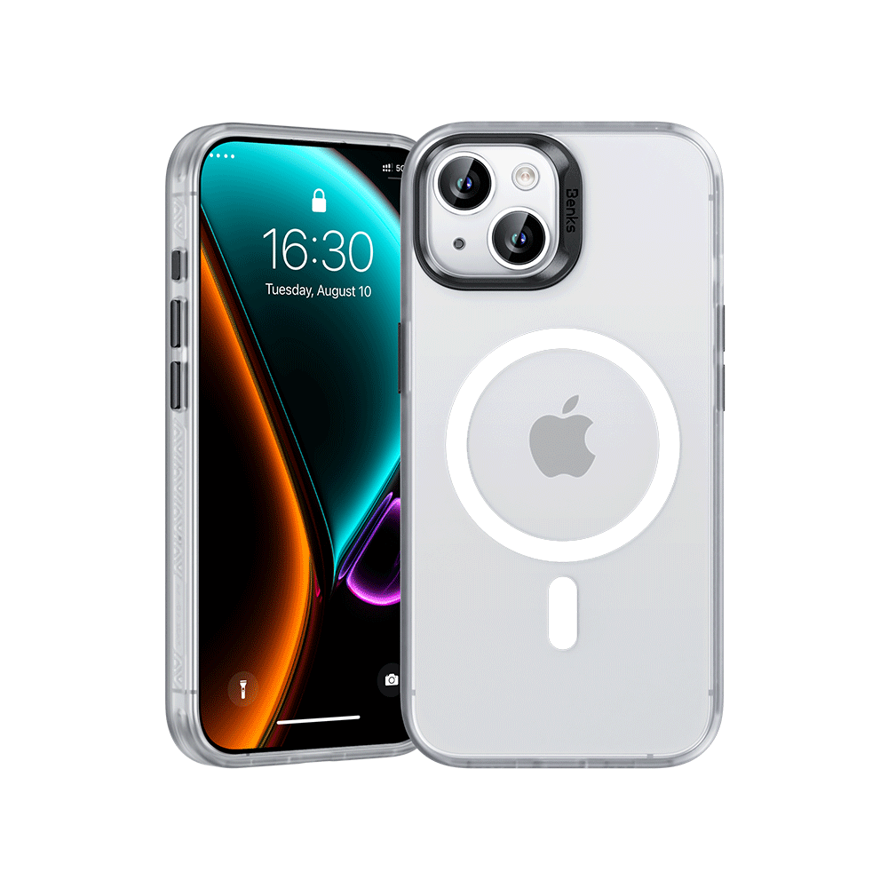 MagClap Lucid Armor Phone Case for iPhone 15 Plus, featuring invisible, non-yellowing protection, breathable material, MagSafe compatibility, and wireless charging support.