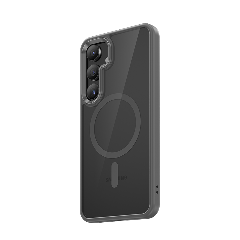 Sleek Crystal Phone Case with Clicky Metal Button for Samsung S24, featuring a sleek and modern design with responsive tactile buttons