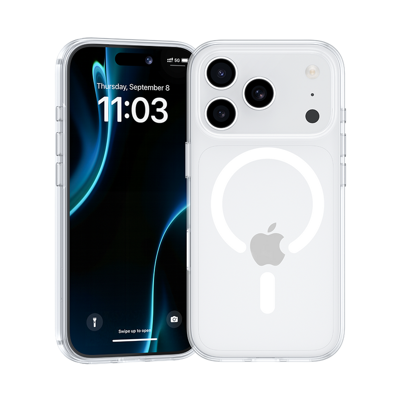 Transparent iPhone 17 Pro Max case with MagSafe compatibility.