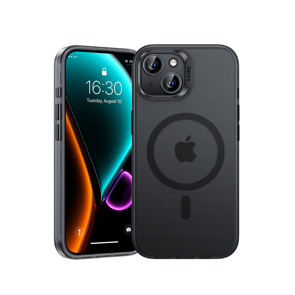 Sleek and durable Lucid Armor Case for iPhone 15 by MagClap, featuring a no-fingerprint surface, full-body coverage, and responsive clicky buttons for a seamless user experience.