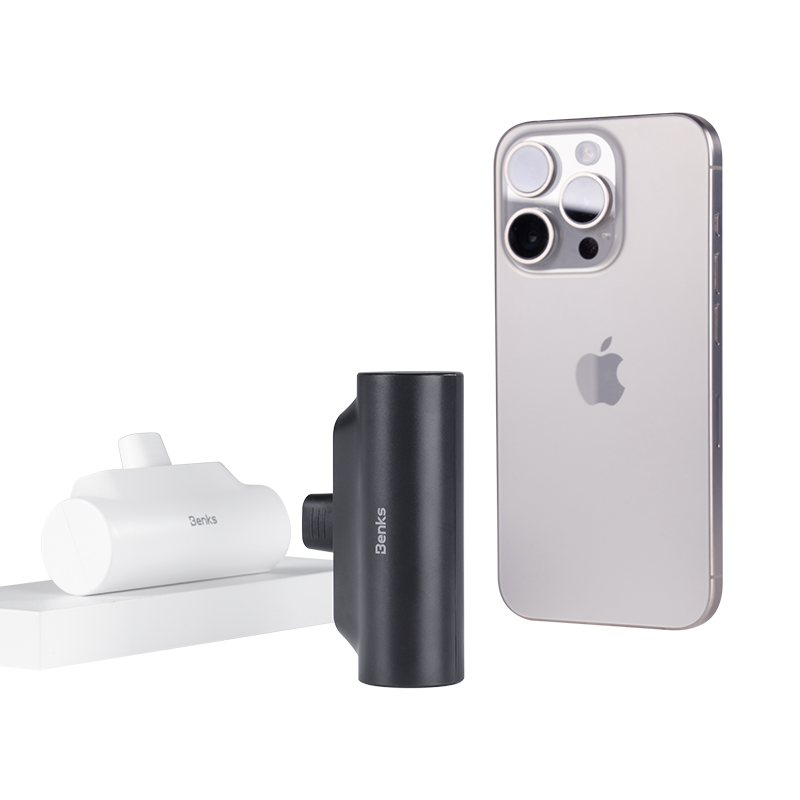 Travel-friendly Mini Charger with 5000mAh capacity, integrated Lightning connector, and stand, simplifying Apple device charging.