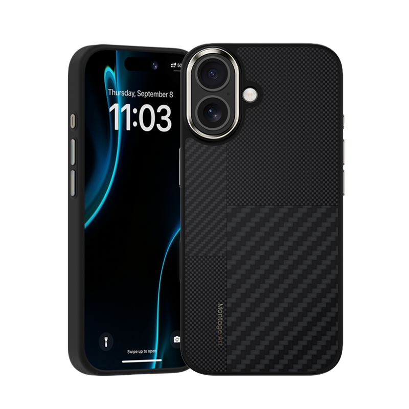Front view of Montage ArmorPro case for iPhone 17, showcasing the Kevlar® fiber design, MagSafe compatibility, and independent metal buttons.