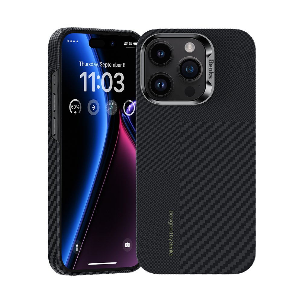 Montage ArmorAir Case built with Kevlar® 600D for iPhone 15 Pro Max - Benks' Kevlar® phone case for iPhone 14 Pro/14 Pro Max. This durable case provides superior protection against drops and scratches, featuring MagSafe compatibility for seamless use with Apple accessories.