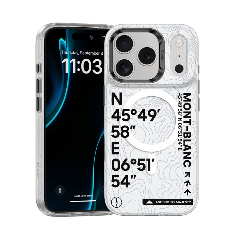Benks Mt. Blanc Phone Case for iPhone 17 Pro Max with transparent design, bold coordinates print, and MagSafe compatibility."