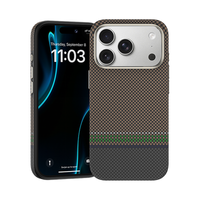 Kevlar® Fiber iPhone 17 Pro Max case, front view highlighting the smooth surface and robust protection.