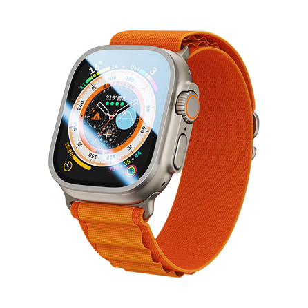 Sapphire Screen Protector for Apple Watch Ultra2/Ultra - An Apple Watch Ultra with an orange band, featuring a Benks Sapphire screen protector. The high-quality sapphire crystal screen protector provides scratch resistance and clarity, preserving the watch's pristine look while in use.