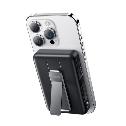On-Go Kickstand Power Bank with 10000 mAh capacity, featuring a sleek design that attaches to your phone, an aluminum kickstand for hands-free use, and a USB-C charging cable.