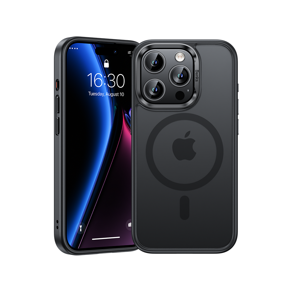 Durable and stylish MagClap™ Mist Case for iPhone 15 Pro Max, featuring full body protection, a slim and precise fit, clicky metal button, and MagSafe® compatibility.