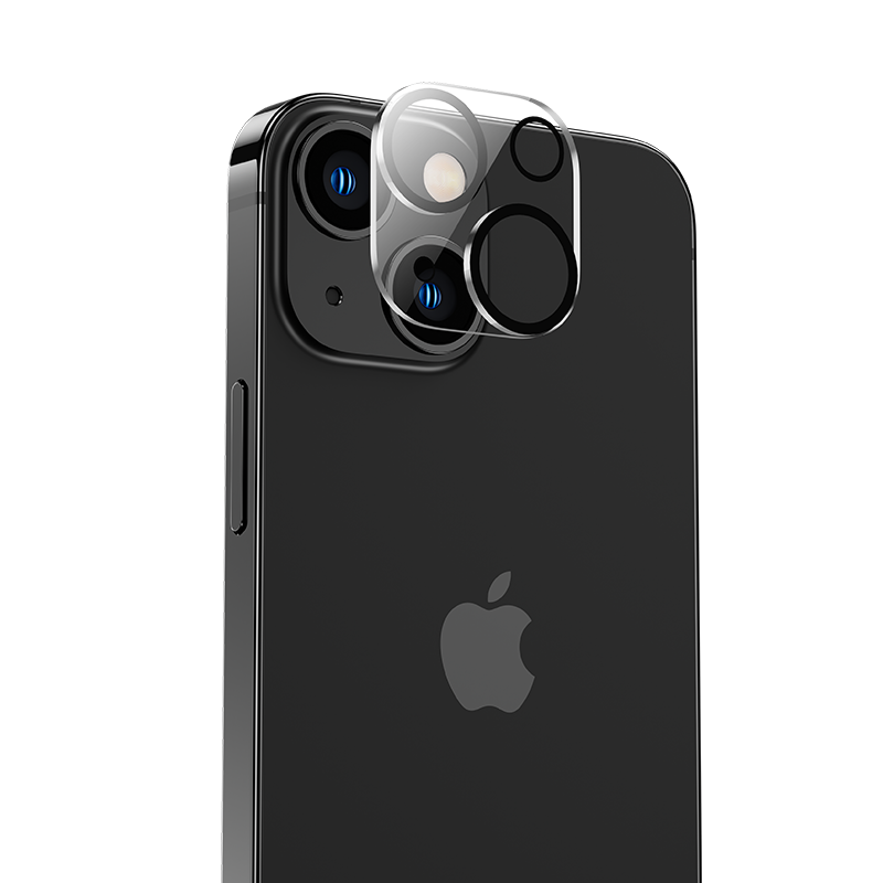 Packaged Benks Air Shield Lens Protector for iPhone 14 with installation tools included.  A close-up shot of an iPhone 14 Pro Max equipped with a Benks Air Shield lens protector. The lens protector offers a perfect fit and comprehensive edge-to-edge coverage, shielding the iPhone's camera lens from scratches and maintaining the highest photo resolution. This protective accessory for the iPhone 14 Pro Max ensures your camera lens stays in top condition.