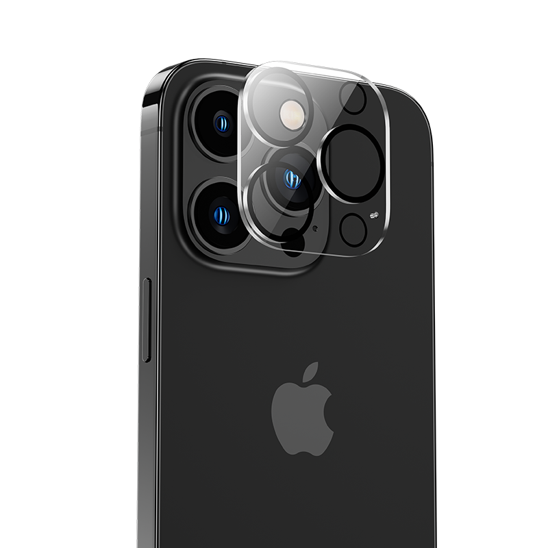 Close-up of iPhone 14's camera covered with the Air Shield Lens Protector, showcasing edge-to-edge protection