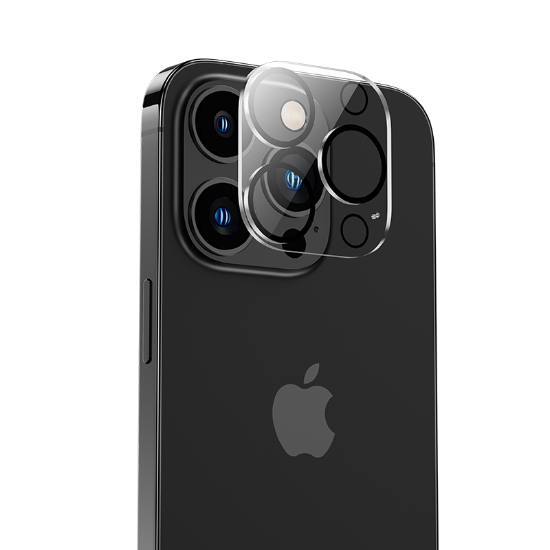 Close-up of iPhone 14's camera covered with the Air Shield Lens Protector, showcasing edge-to-edge protection. A detailed image of an iPhone 14 Pro Max featuring a Benks Air Shield lens protector. The lens protector provides seamless fit and edge-to-edge coverage, ensuring the iPhone's camera lens remains protected from scratches and damage while preserving original photo resolution. This iPhone 14 Pro Max accessory is essential for keeping your camera lens pristine.