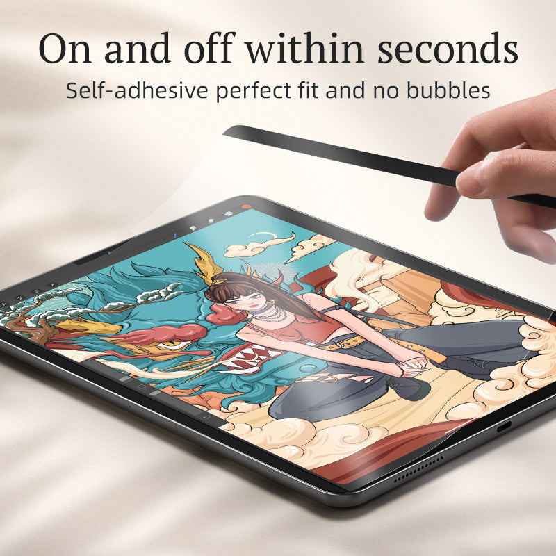 Designed for reuse, install it when you writing and drawing, take it off when you read, play games, watch movies etc. On and off within seconds, self-adhesive perfect fit and no bubbles Glass Screen Protector Friendly, compatible w