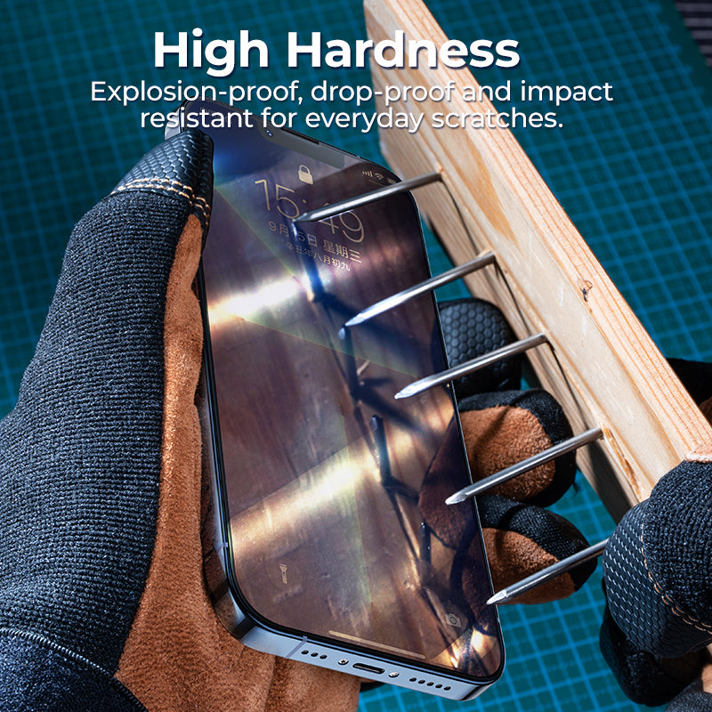 high hardness test from benks lab for the screen protector for iPhone 13 - A user applying a thin screen protector to an iPhone 13 series phone, demonstrating the ease of installation. The screen protector is designed to align perfectly with the device, allowing for a bubble-free application. Its ultra-thin construction ensures that the screen's touch sensitivity remains unaffected, providing a smooth and responsive user experience.