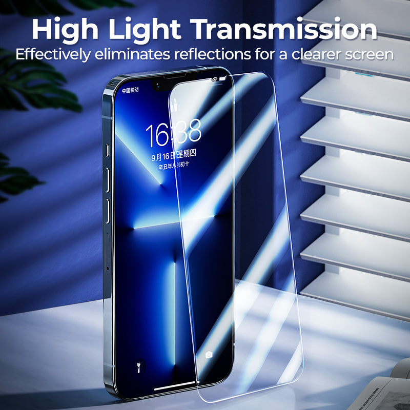 high light transmission of screen protector for iPhone 13 Pro from benks - An iPhone 13 series phone equipped with a thin screen protector, showcasing its perfect fit and crystal-clear display. The thin screen protector provides maximum HD clarity, preserving the vibrant colors and sharp details of the iPhone 13 screen. This protective layer is barely noticeable, yet effectively shields the screen from everyday wear and tear.