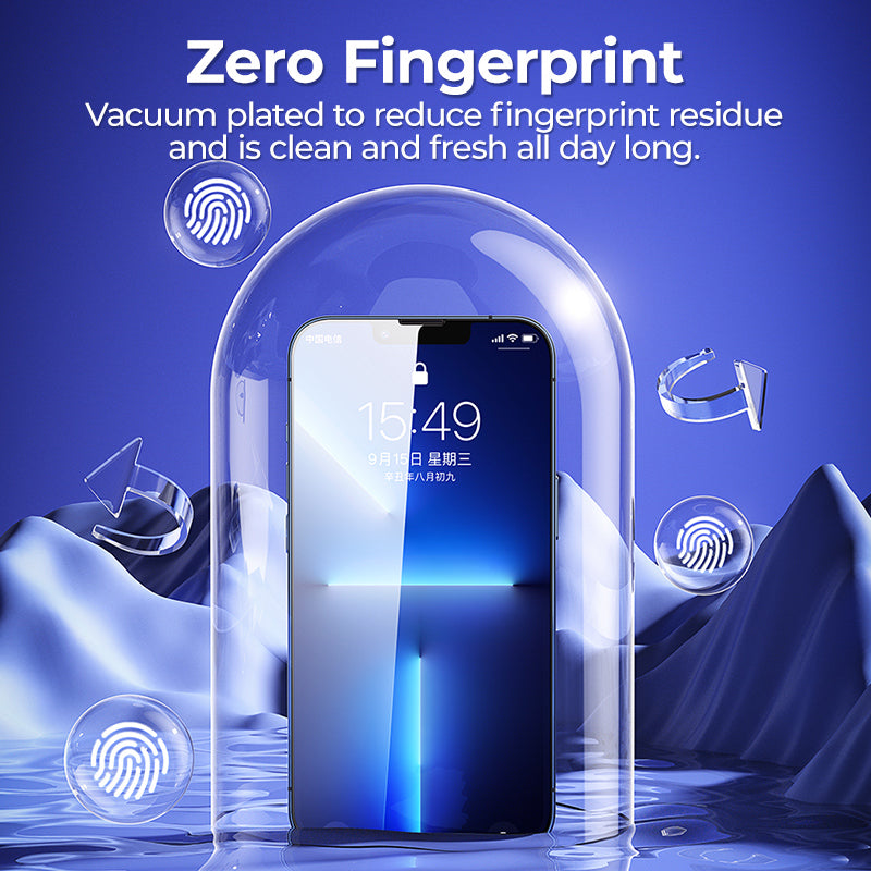 screen protector for iPhone 13 Pro Max with zero finger print - The thin screen protector on an iPhone 13 series device emphasizes its superior scratch protection. Despite its ultra-slim profile, the screen protector offers durable defense against scratches, scuffs, and minor drops. This ensures that the iPhone 13, iPhone 13 Pro, and iPhone 13 Pro Max screens remain pristine and clear over time.